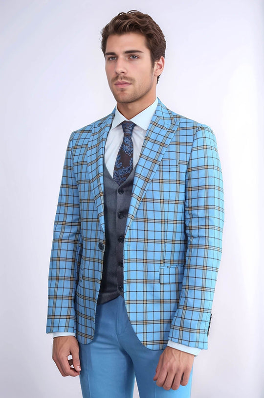 Men's Azure Blue Windowpane Check 3-Piece Slim Fit Combination Suit