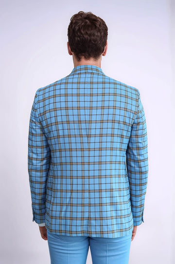 Men's Azure Blue Windowpane Check 3-Piece Slim Fit Combination Suit