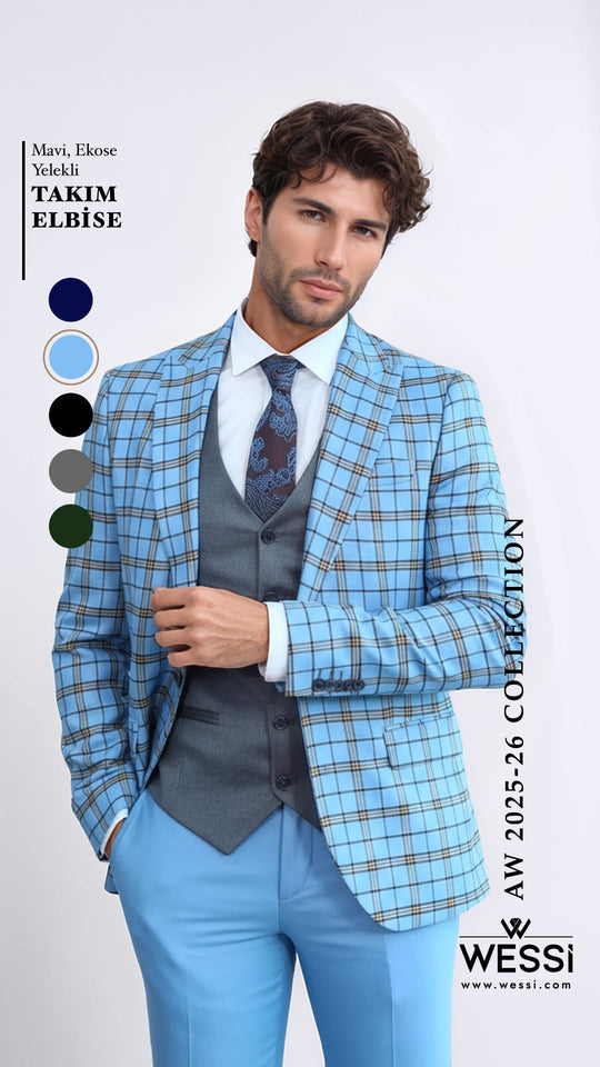 Men's Azure Blue Windowpane Check 3-Piece Slim Fit Combination Suit