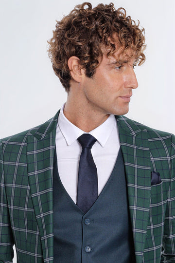 Men's Forest Green Windowpane Check 3-Piece Slim Fit Combination Suit
