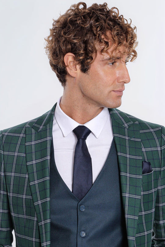 Men's Forest Green Windowpane Check 3-Piece Slim Fit Combination Suit