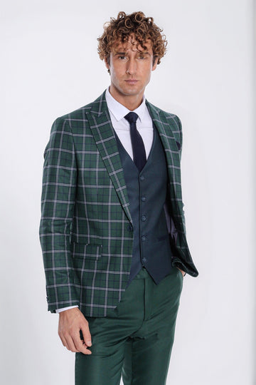 Men's Forest Green Windowpane Check 3-Piece Slim Fit Combination Suit