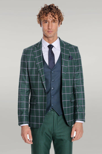 Men's Forest Green Windowpane Check 3-Piece Slim Fit Combination Suit