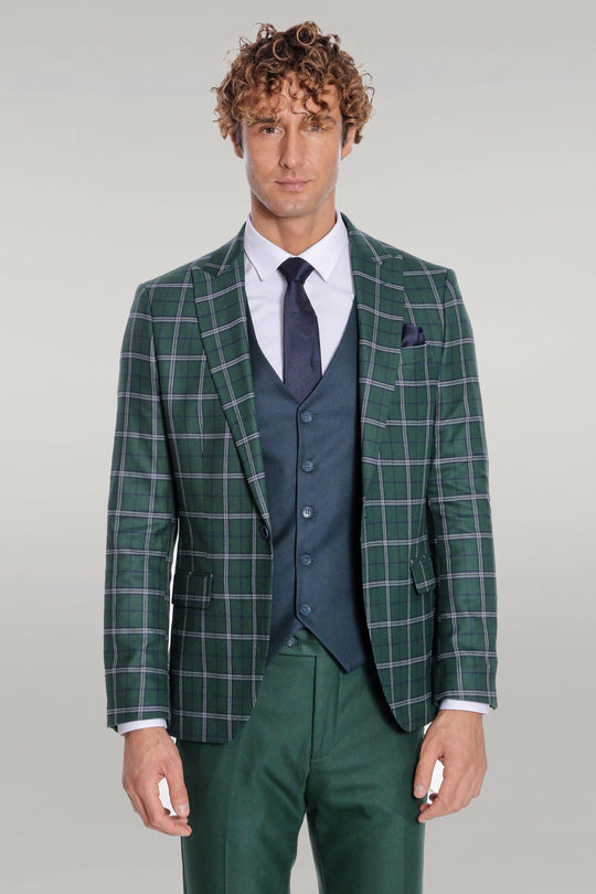 Men's Forest Green Windowpane Check 3-Piece Slim Fit Combination Suit
