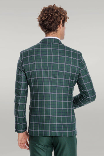 Men's Forest Green Windowpane Check 3-Piece Slim Fit Combination Suit