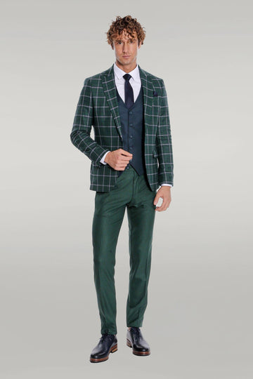 Men's Forest Green Windowpane Check 3-Piece Slim Fit Combination Suit