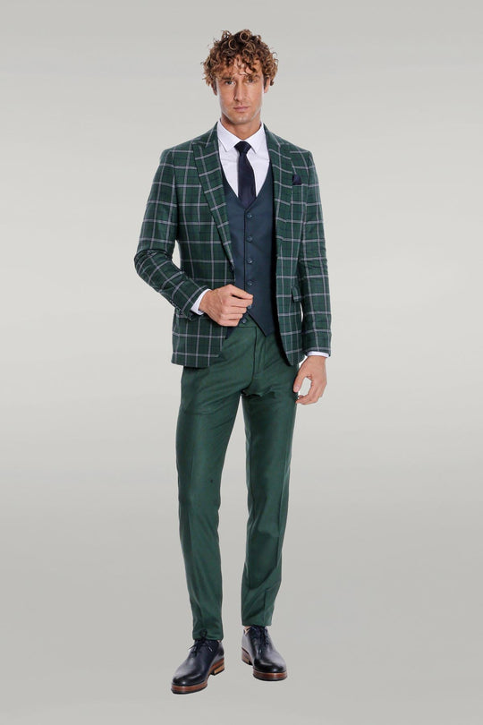 Men's Forest Green Windowpane Check 3-Piece Slim Fit Combination Suit