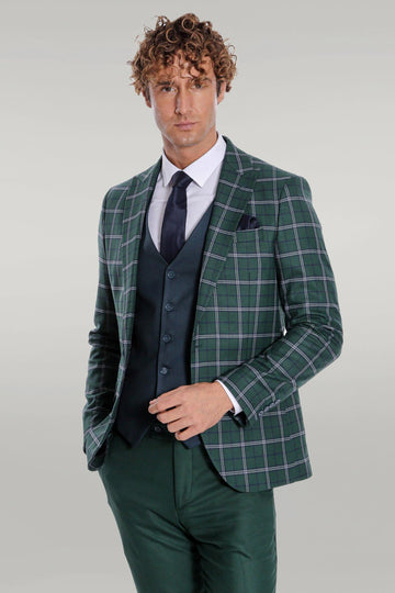 Men's Forest Green Windowpane Check 3-Piece Slim Fit Combination Suit