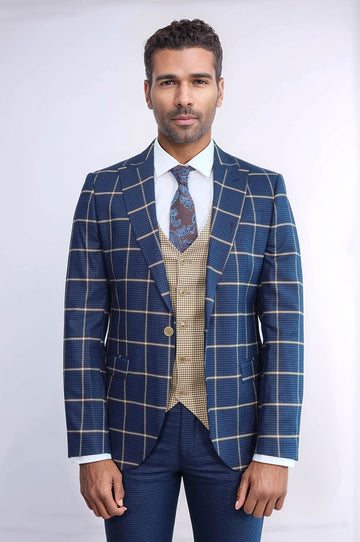 Men's Indigo Blue Windowpane Check 3-Piece Slim Fit Combination Suit