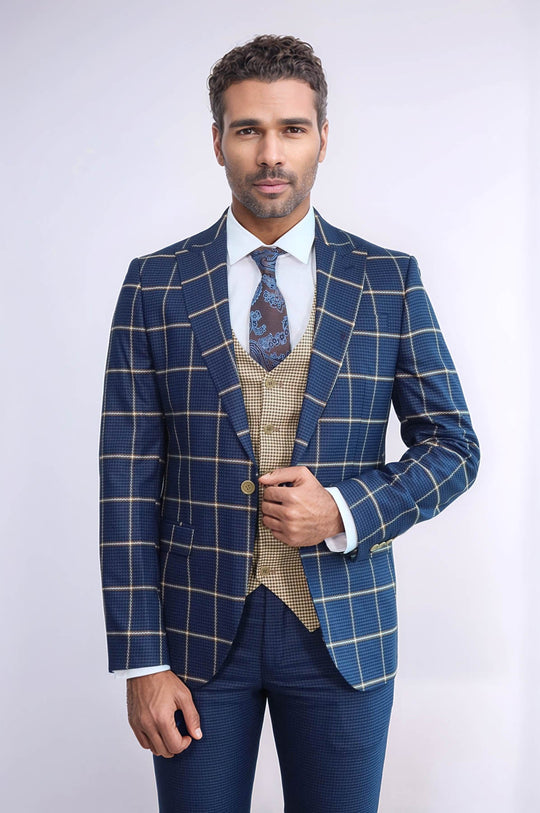 Men's Indigo Blue Windowpane Check 3-Piece Slim Fit Combination Suit