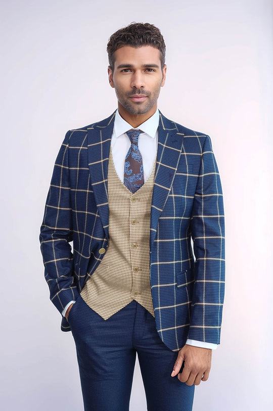 Men's Indigo Blue Windowpane Check 3-Piece Slim Fit Combination Suit