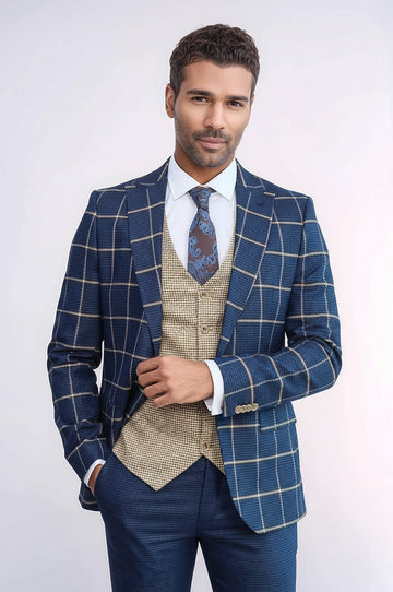 Men's Indigo Blue Windowpane Check 3-Piece Slim Fit Combination Suit