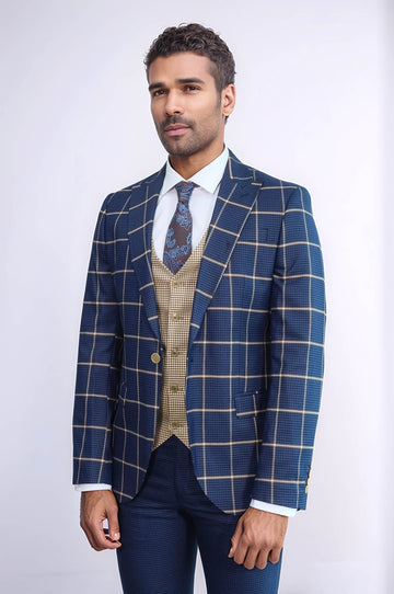 Men's Indigo Blue Windowpane Check 3-Piece Slim Fit Combination Suit