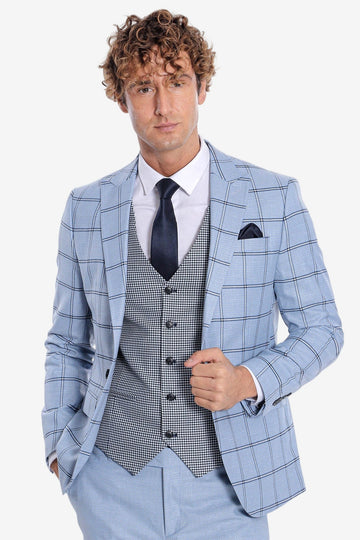 Men's Powder Blue Windowpane Check 3-Piece Slim Fit Combination Suit