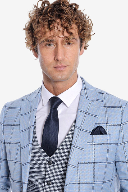 Men's Powder Blue Windowpane Check 3-Piece Slim Fit Combination Suit