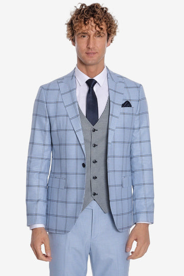 Men's Powder Blue Windowpane Check 3-Piece Slim Fit Combination Suit