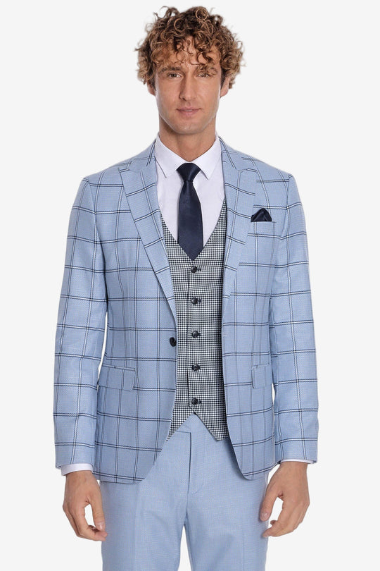 Men's Powder Blue Windowpane Check 3-Piece Slim Fit Combination Suit