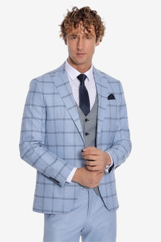 Men's Powder Blue Windowpane Check 3-Piece Slim Fit Combination Suit