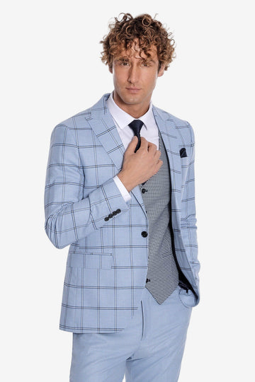 Men's Powder Blue Windowpane Check 3-Piece Slim Fit Combination Suit