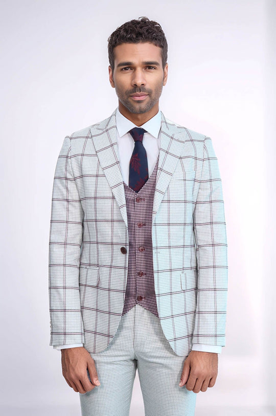 Men's Arctic Grey Windowpane Check 3-Piece Slim Fit Combination Suit