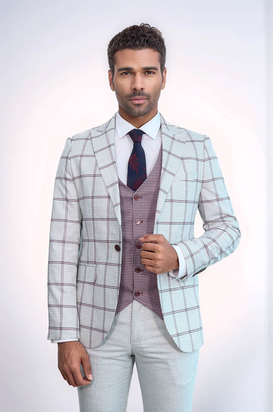 Men's Arctic Grey Windowpane Check 3-Piece Slim Fit Combination Suit
