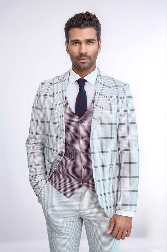 Men's Arctic Grey Windowpane Check 3-Piece Slim Fit Combination Suit