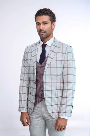 Men's Arctic Grey Windowpane Check 3-Piece Slim Fit Combination Suit