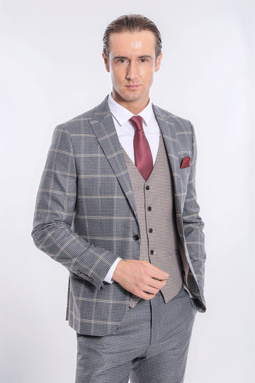 Men's Grey Glen Check 3-Piece Slim Fit Combination Suit