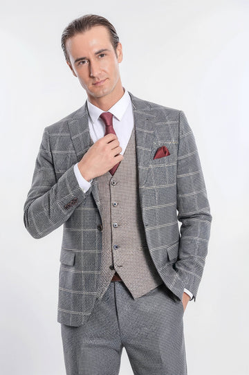 Men's Grey Glen Check 3-Piece Slim Fit Combination Suit