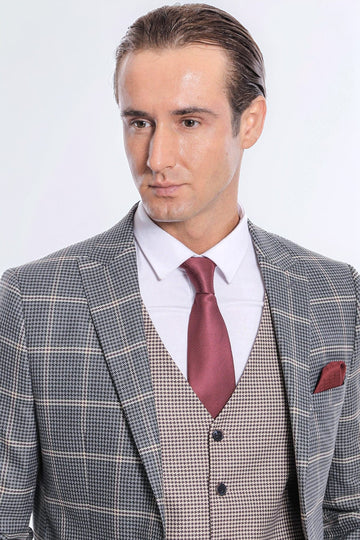 Men's Grey Glen Check 3-Piece Slim Fit Combination Suit