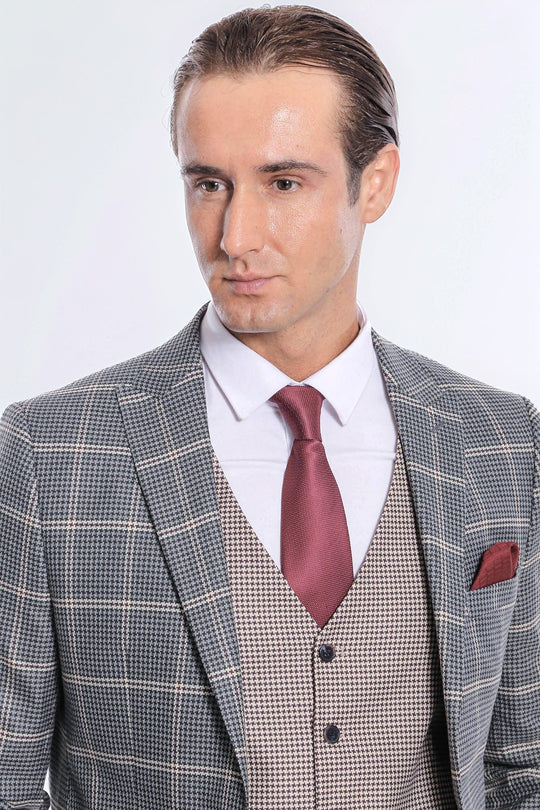 Men's Grey Glen Check 3-Piece Slim Fit Combination Suit