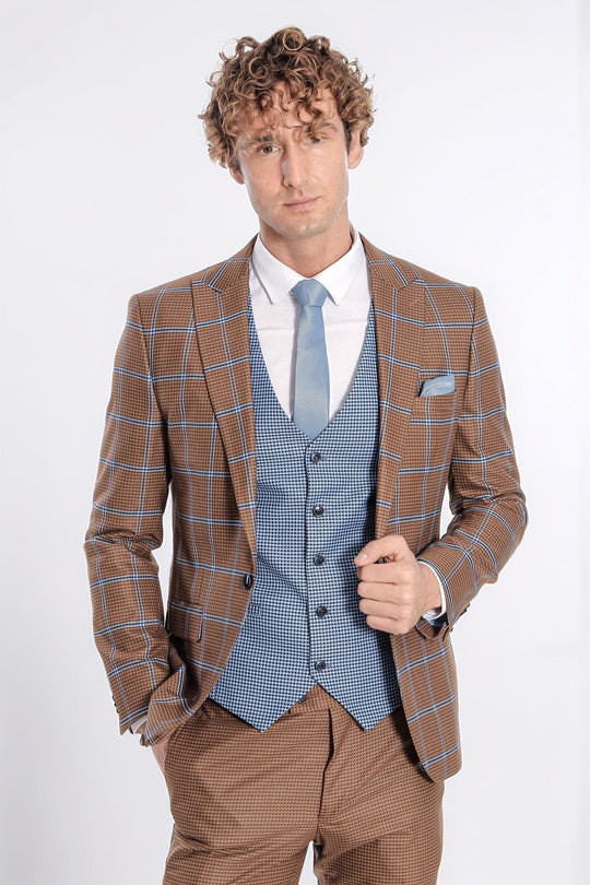 Men's Amber Brown Blue Windowpane Check 3-Piece Slim Fit Combination Suit
