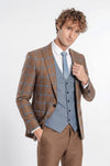 Men's Amber Brown Blue Windowpane Check 3-Piece Slim Fit Combination Suit