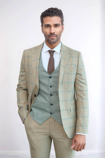 Men's Sand Beige Windowpane Check 3-Piece Slim Fit Combination Suit