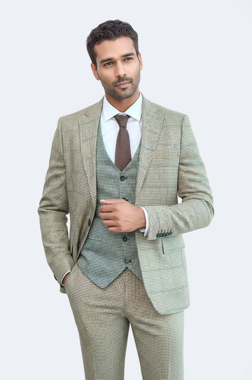 Men's Sand Beige Windowpane Check 3-Piece Slim Fit Combination Suit