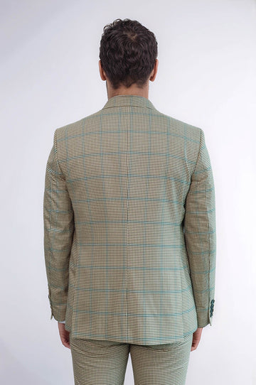 Men's Sand Beige Windowpane Check 3-Piece Slim Fit Combination Suit