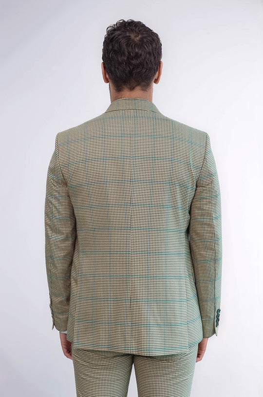 Men's Sand Beige Windowpane Check 3-Piece Slim Fit Combination Suit