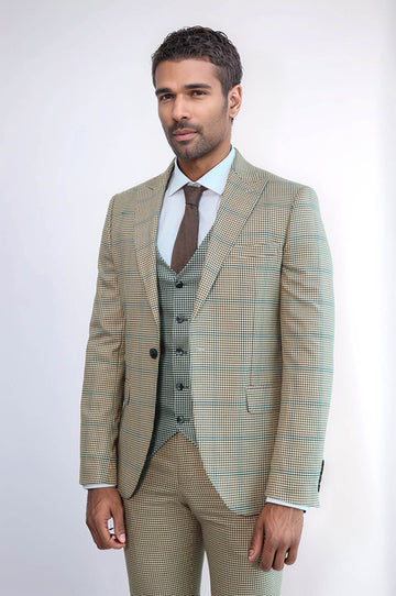 Men's Sand Beige Windowpane Check 3-Piece Slim Fit Combination Suit