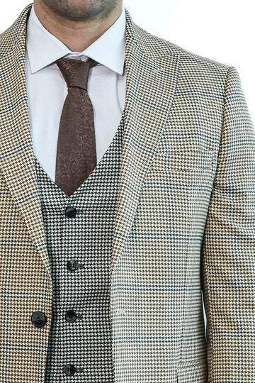 Men's Sand Beige Windowpane Check 3-Piece Slim Fit Combination Suit