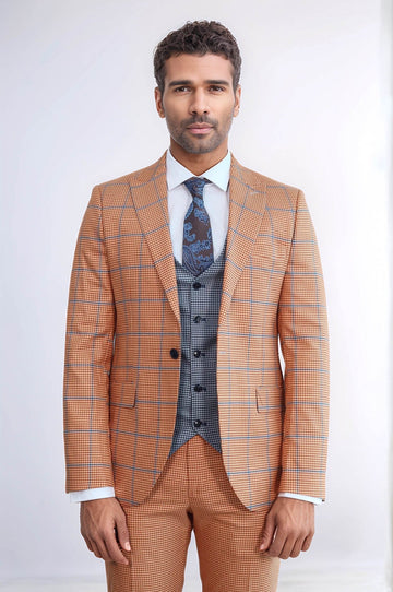 Men's Burnt Orange Glen Check 3-Piece Slim Fit Combination Suit