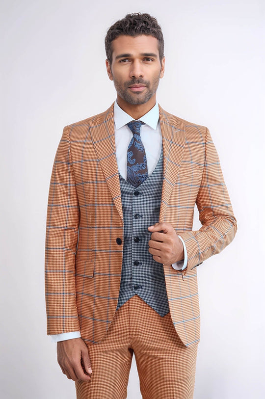 Men's Burnt Orange Glen Check 3-Piece Slim Fit Combination Suit