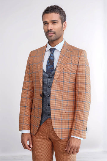 Men's Burnt Orange Glen Check 3-Piece Slim Fit Combination Suit