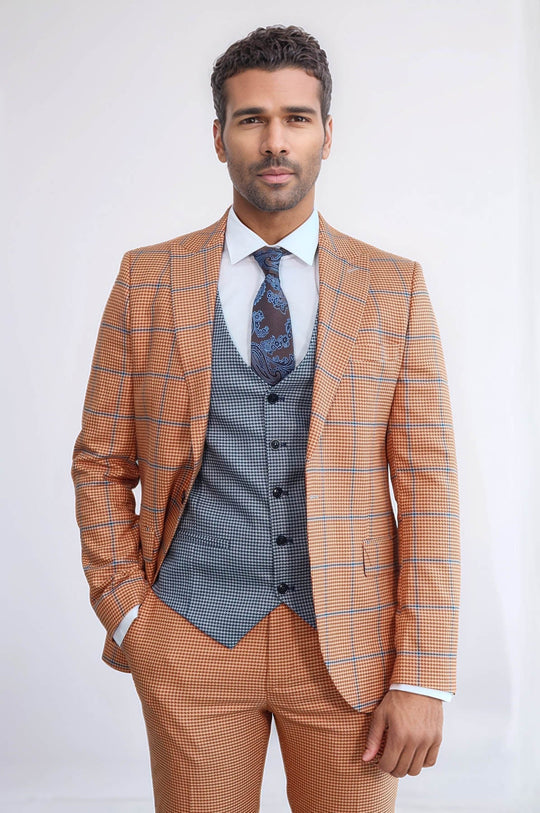 Men's Burnt Orange Glen Check 3-Piece Slim Fit Combination Suit