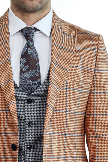 Men's Burnt Orange Glen Check 3-Piece Slim Fit Combination Suit