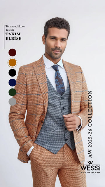Men's Burnt Orange Glen Check 3-Piece Slim Fit Combination Suit