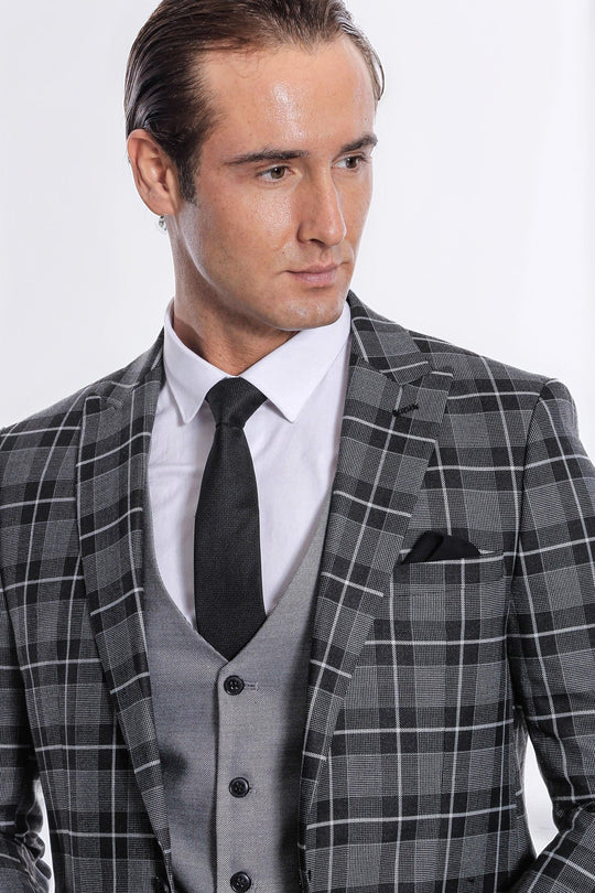 Men's Black Bold Multi-Check 3-Piece Slim Fit Combination Suit