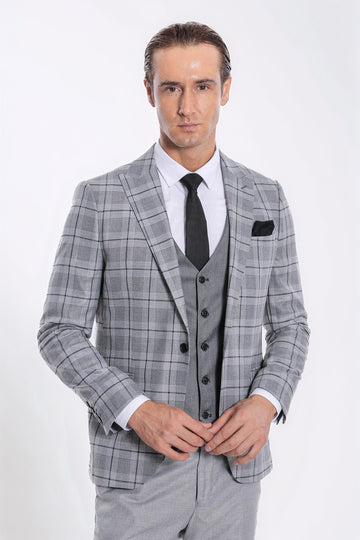 Men's Silver Grey Windowpane Check 3-Piece Slim Fit Combination Suit
