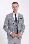 Men's Silver Grey Windowpane Check 3-Piece Slim Fit Combination Suit