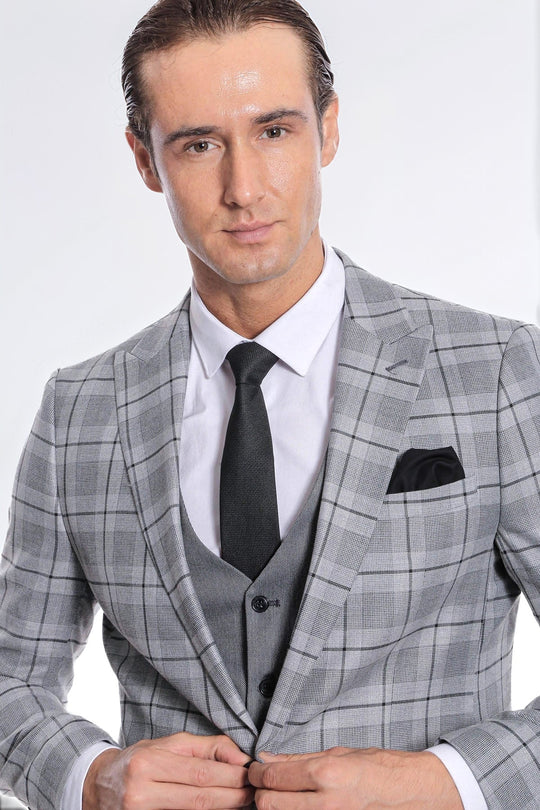 Men's Silver Grey Windowpane Check 3-Piece Slim Fit Combination Suit