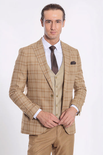 Men's Wheat Beige Windowpane Check 3-Piece Slim Fit Combination Suit